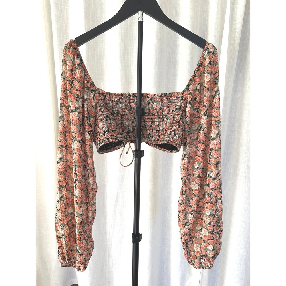 Emory Park Floral Smocked Crop Top Long Sleeve Tie Front Rose Print Large Summer - Picture 2 of 6